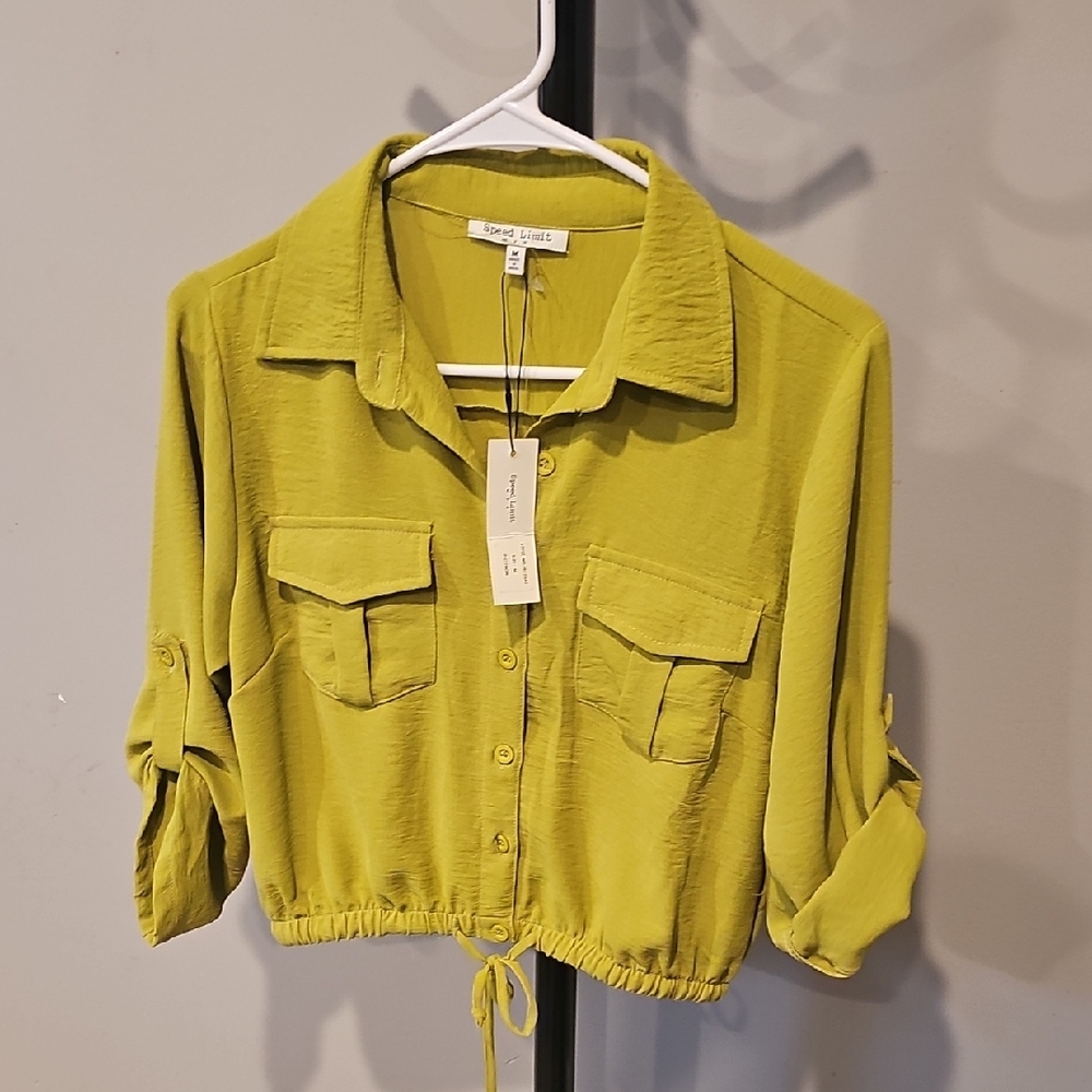 Cropped Button-Front Utility Shirt in Chartreuse